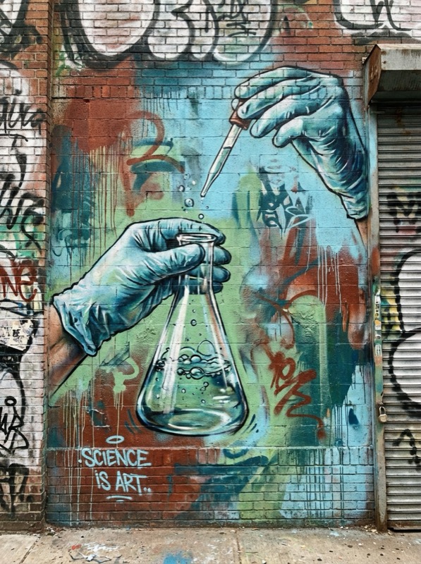 Science is Art — graffiti mural of gloved hands with flask and pipette